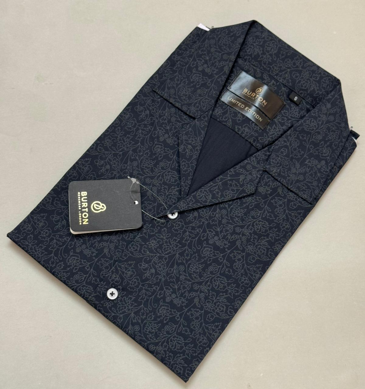 TS - 1043 (Dark Grey Floral Button Down Cuban Collar Short Sleeve Shirt)