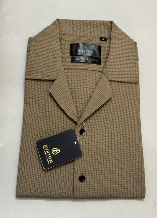 TS - 1041 (Coffee Self Textured Button Down Cuban Collar Short Sleeve Shirt)