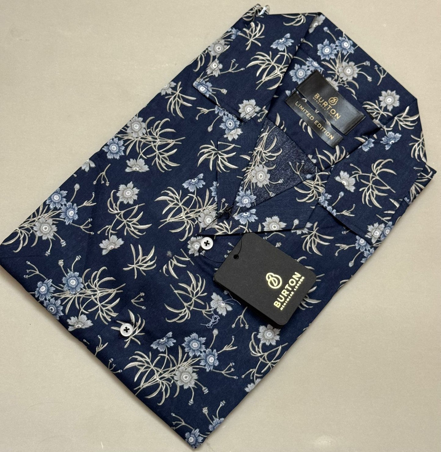 TS - 1045 (Navy Blue Floral Button Down Cuban Collar Short Sleeve Shirt)