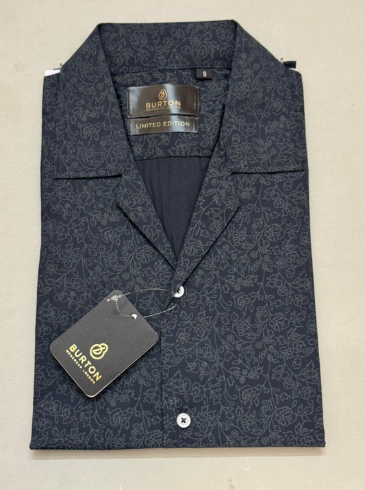 TS - 1043 (Dark Grey Floral Button Down Cuban Collar Short Sleeve Shirt)