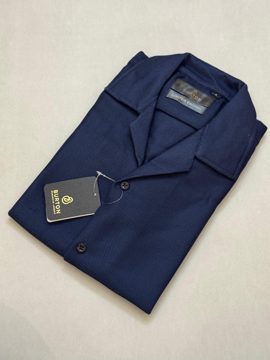TS - 1050 (Blue Self Textured Button Down Cuban Collar Short Sleeve Shirt)