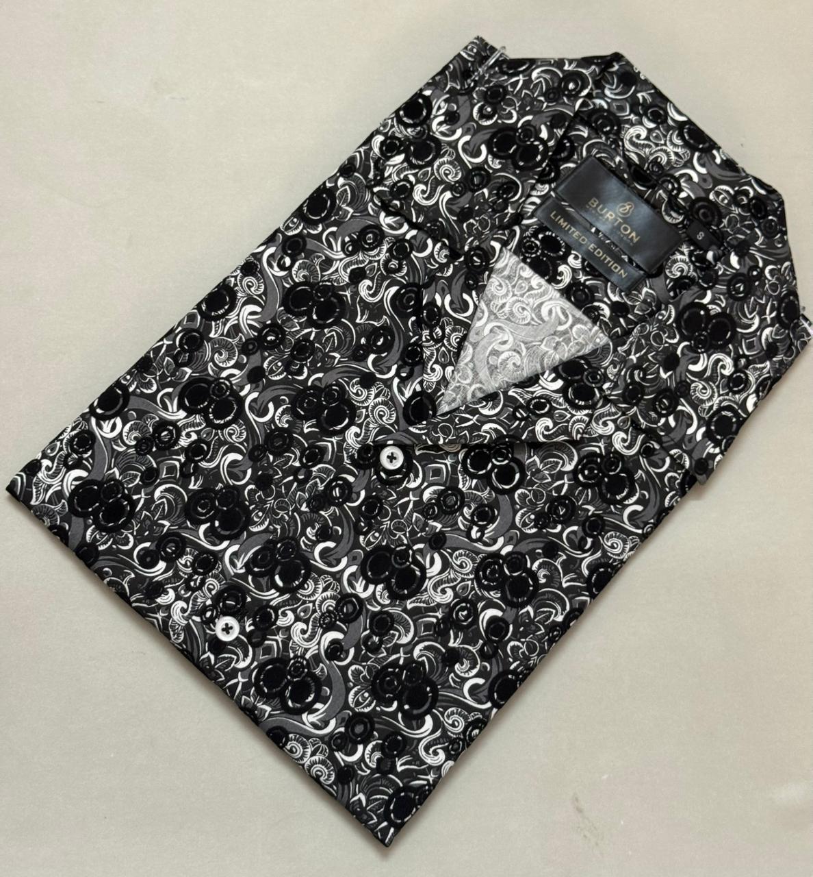 TS - 1042 (Black and White Button Down Cuban Collar Short Sleeve Shirt)