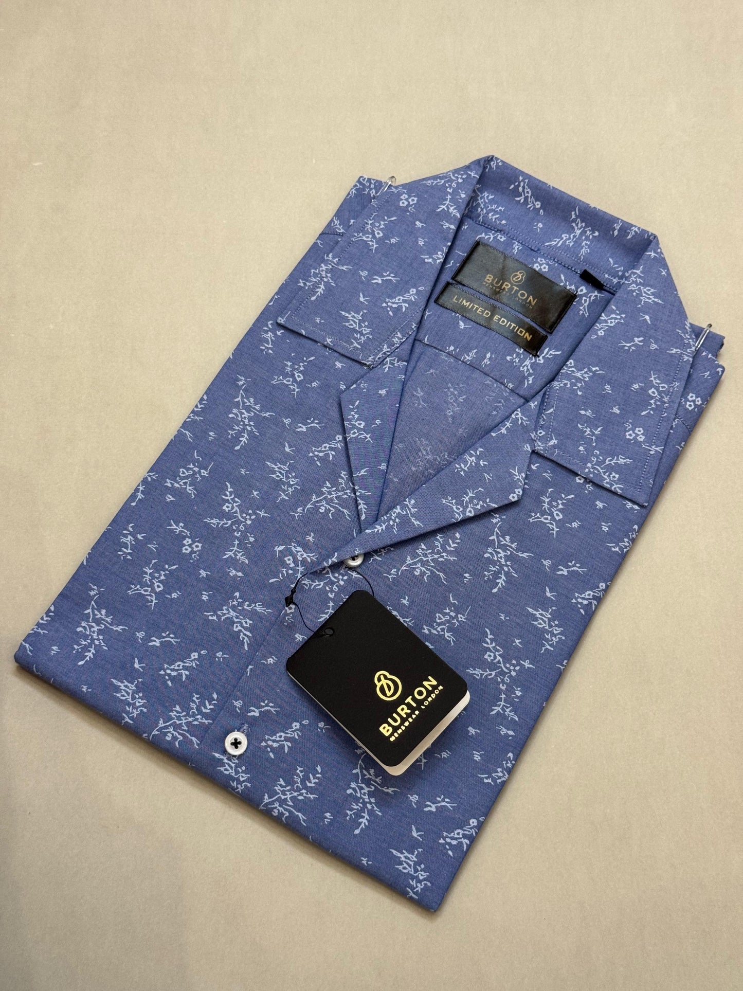 TS - 1053 (Mid Blue Floral Button Down Cuban Collar Short Sleeve Shirt)