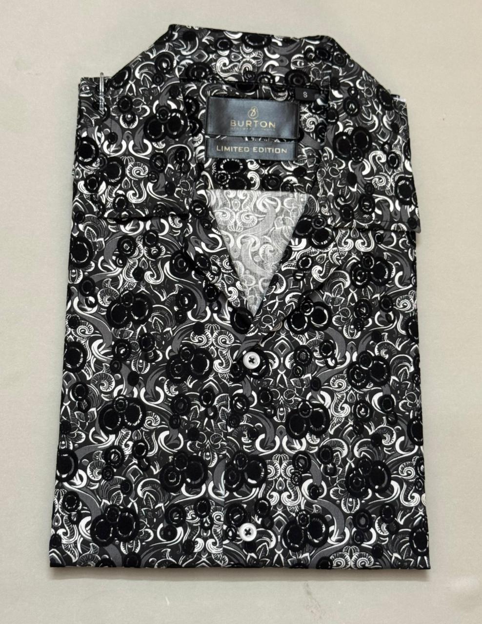 TS - 1042 (Black and White Button Down Cuban Collar Short Sleeve Shirt)