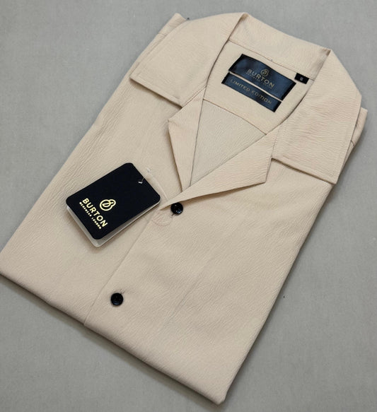 TS - 1049 ( Beige Wrinke Button Down Cuban Collar Short Sleeve Shirt)
