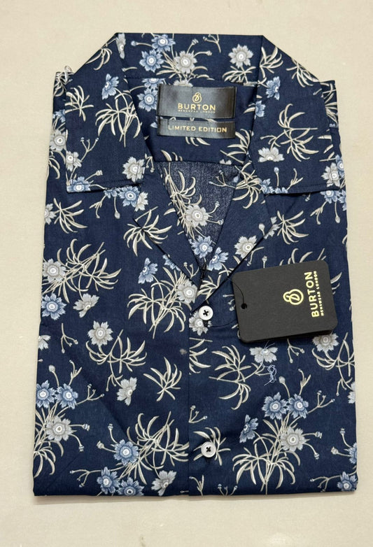 TS - 1045 (Navy Blue Floral Button Down Cuban Collar Short Sleeve Shirt)