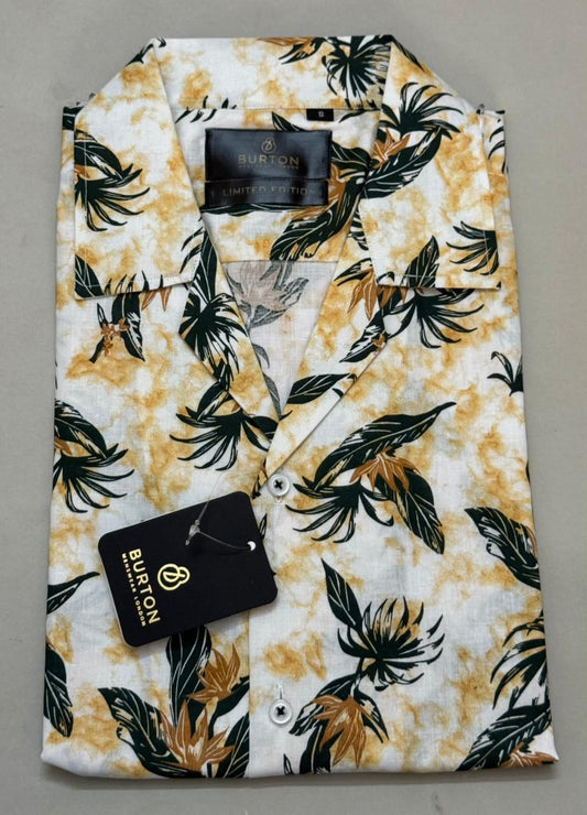 TS - 1044 (White Feathers Button Down Cuban Collar Short Sleeve Shirt)