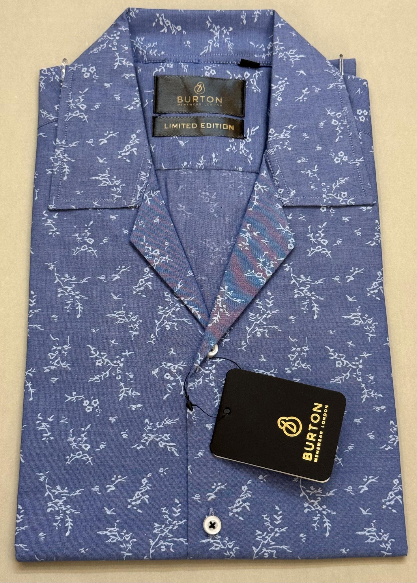 TS - 1053 (Mid Blue Floral Button Down Cuban Collar Short Sleeve Shirt)