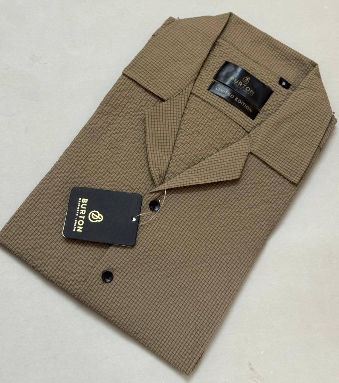 TS - 1041 (Coffee Self Textured Button Down Cuban Collar Short Sleeve Shirt)