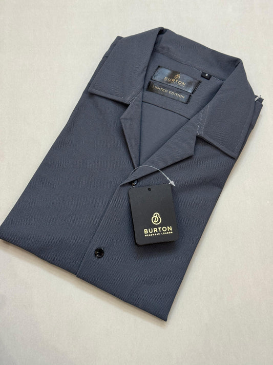TS - 1048(Grey Slef Textured Button Down Cuban Collar Short Sleeves Shirt)
